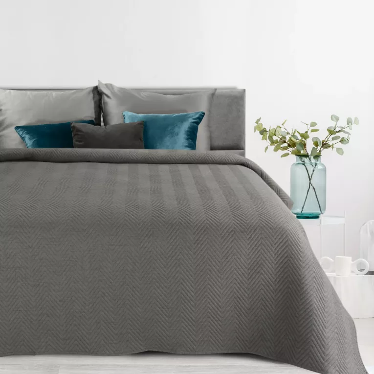 Narzuta z tkaniny o strukturze lnu grafitowa 170x210 cm pikowana w wzór jodełki LEN 3 Eurofirany Premium