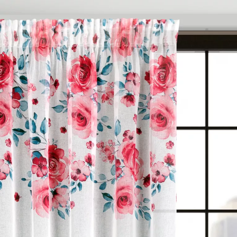 Dekoracja okienna EDEN z lekkiej etaminy z motywem malowanych pędzlem róż