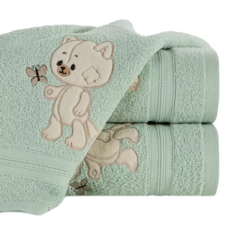 Ręcznik kąpielowy dziecięcy 50x90 cm bawełniany kolor miętowy z haftem kotka 450 g/m2 BABY 66