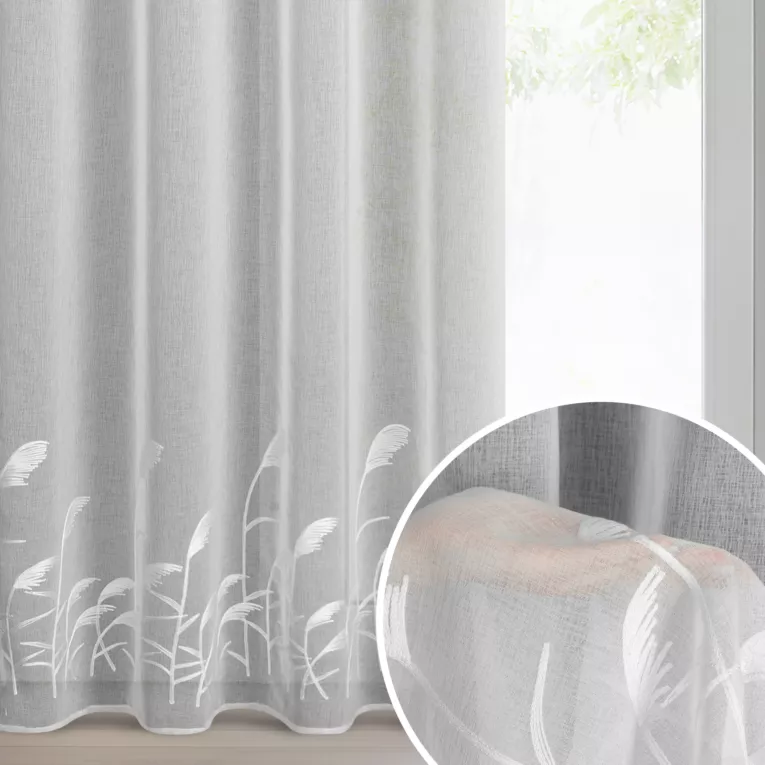 Firana biała z etaminy zdobiona haftem w źdźbła ozdobnej trawy 140x250 cm przelotka - TASHA