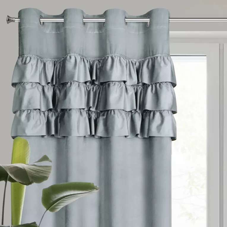 Zasłona welwetowa srebrna zdobiona falbanami 140x250 cm przelotka - SAMI