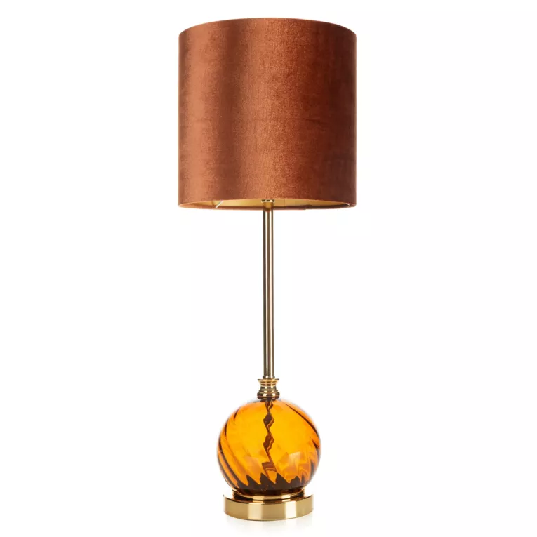 Lampa stołowa do salonu miedziano, złota VALERY zdobiona szklaną podstawą i welwetowym abażurem