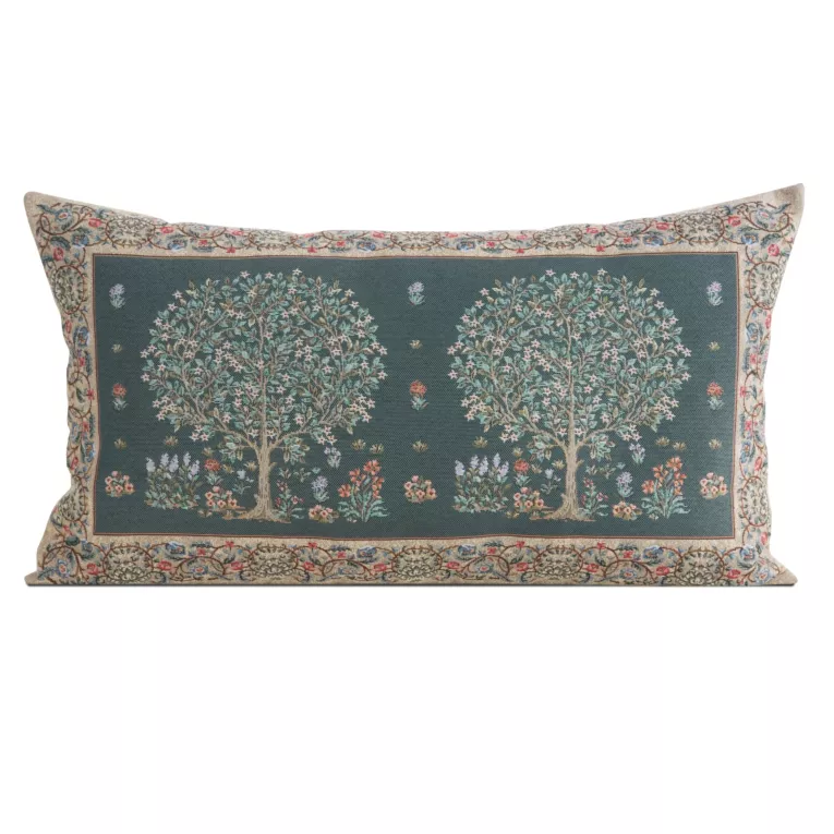 Poszewka na poduszkę 40x70 cm gobelinowa kolor zielony zdobiona tkanym motywem drzewka szczęścia