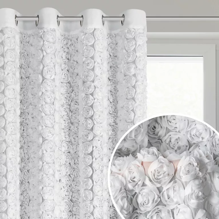 Zasłona biała z szyfonu zdobiona różami 3D 140x250 cm przelotka - ROSES Eva Minge