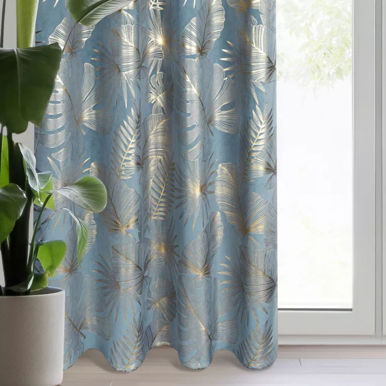 Zasłona niebiesko, szampańska z nadrukiem liści, welwetowa 135x250 przelotka ARIA