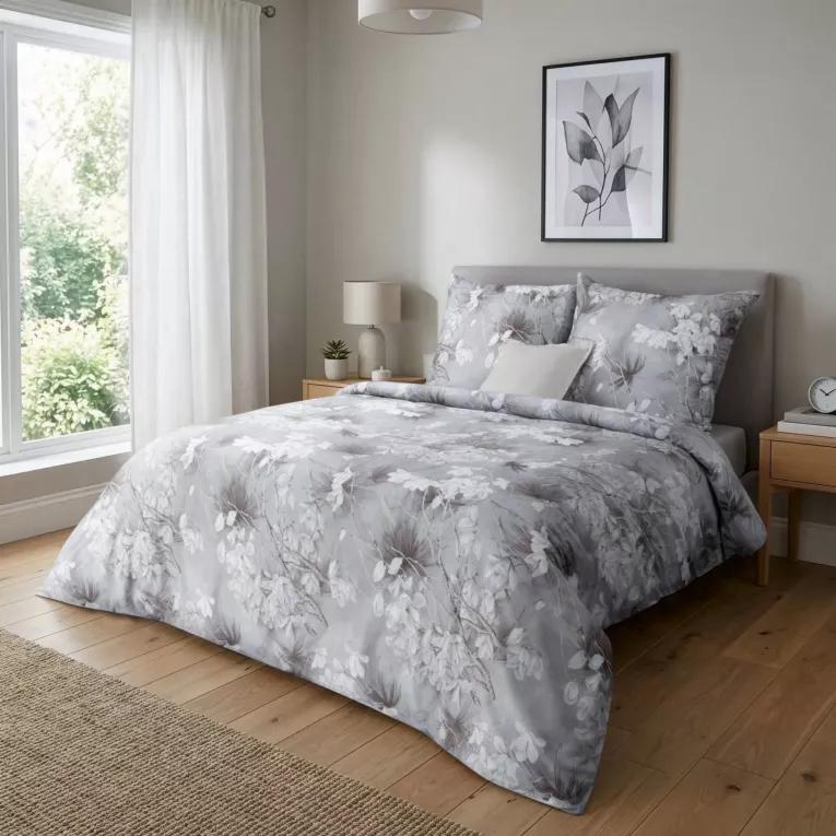 Pościel 220x200 cm komplet 3 częściowy z makosatyny bawełnianej kolor jasnopopielaty, biały z motywem kwiatów Eurofirany Premium