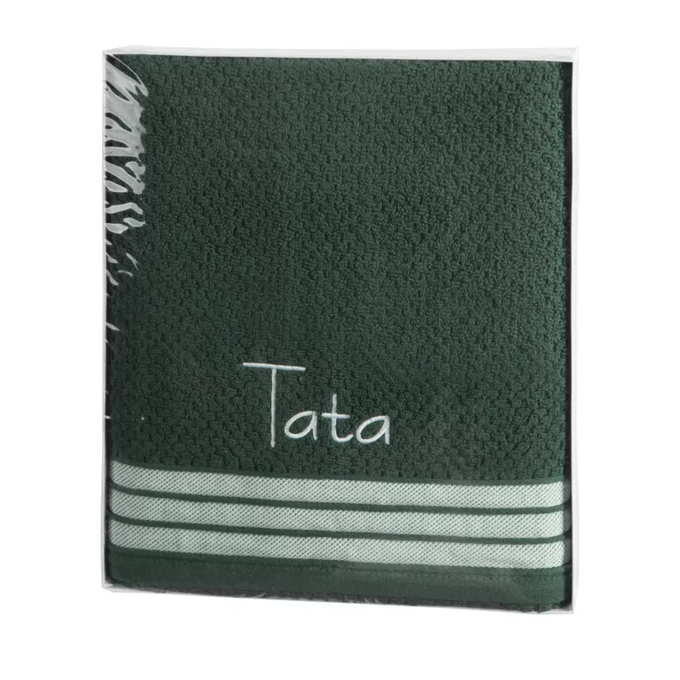 Zestaw upominkowy, ręcznik bawełniany 70x140 cm kolor ciemnozielony z haftem TATA