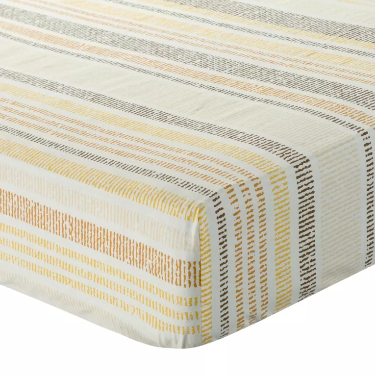 Prześcieradło z gumką 160x200 cm z bawełny kolor musztardowy,biały wzór w paski 105 g/m2 PRINT