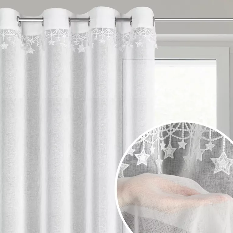 Firana świąteczna biała z etaminy zdobiona aplikacją z motywem gwiazdek 140x250 cm przelotki - XMAS