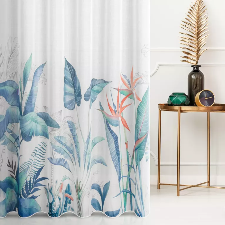 Firana szyta na taśmie 5 cm kremowo granatowa z tkaniny typu ETAMINA z botanicznym nadrukiem na dole tkaniny, wykończona obciążnikiem