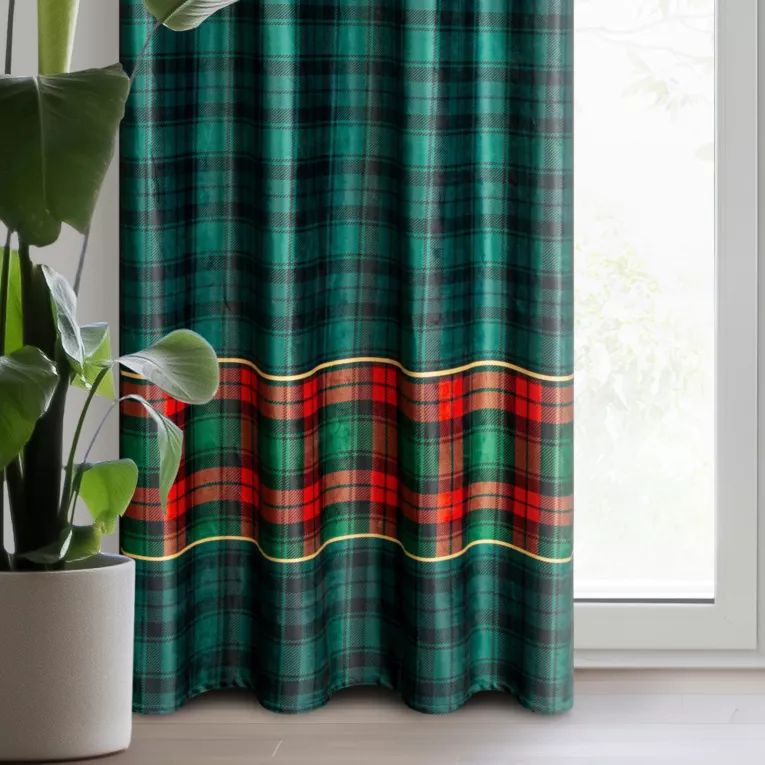 Zasłona ciemnozielona z welwetu z nadrukiem kraty świąteczna 140x250 cm przelotka - STAR