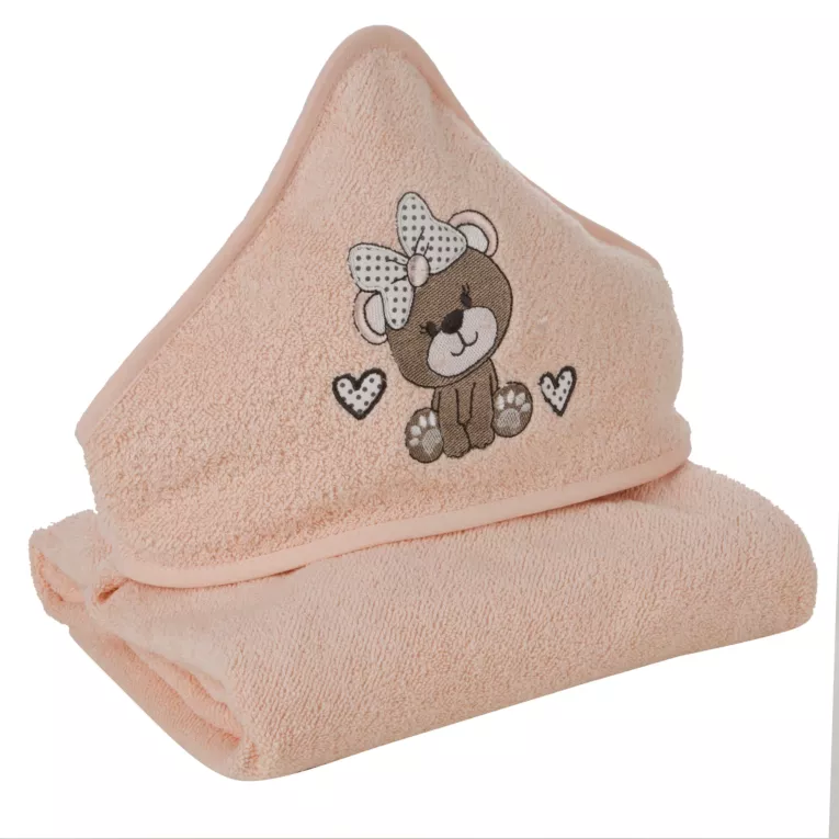 Ręcznik kąpielowy dziecięcy 100x100 cm bawełniany kolor jasnopomarańczowy z kapturem i haftem misia 350g/m2 BABY 65