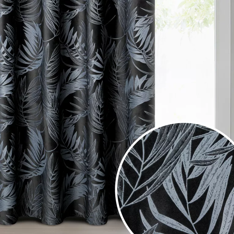 Zasłona czarna z welwetowej tkaniny z motywem roślinnym 140x250 cm - VERA