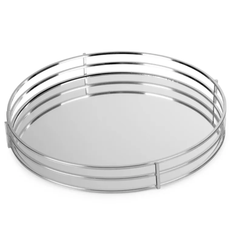 Okrągła taca dekoracyjna PATI 2 z lustrzanym blatem i metalowym obrzeżem w stylu art deco, srebrna