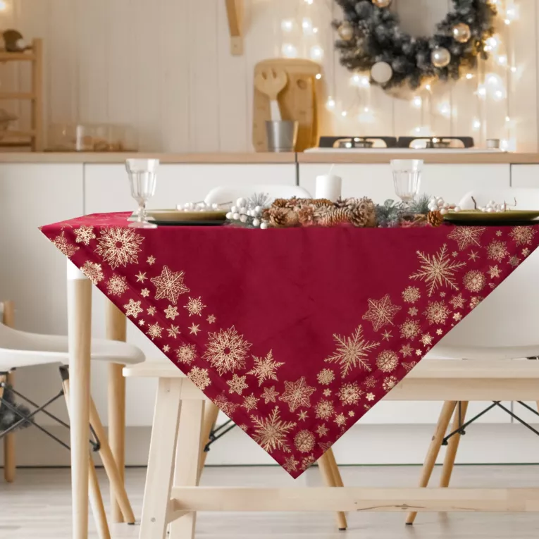 Bieżnik na stół czerwono, szampański 85x85 cm welwetowy JOY w śnieżynki