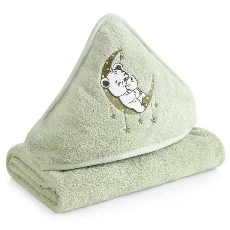 Ręcznik kąpielowy 100x100 cm bawełniany kolor miętowy z kapturem i aplikacją misia 450 g/m2 BABY 74