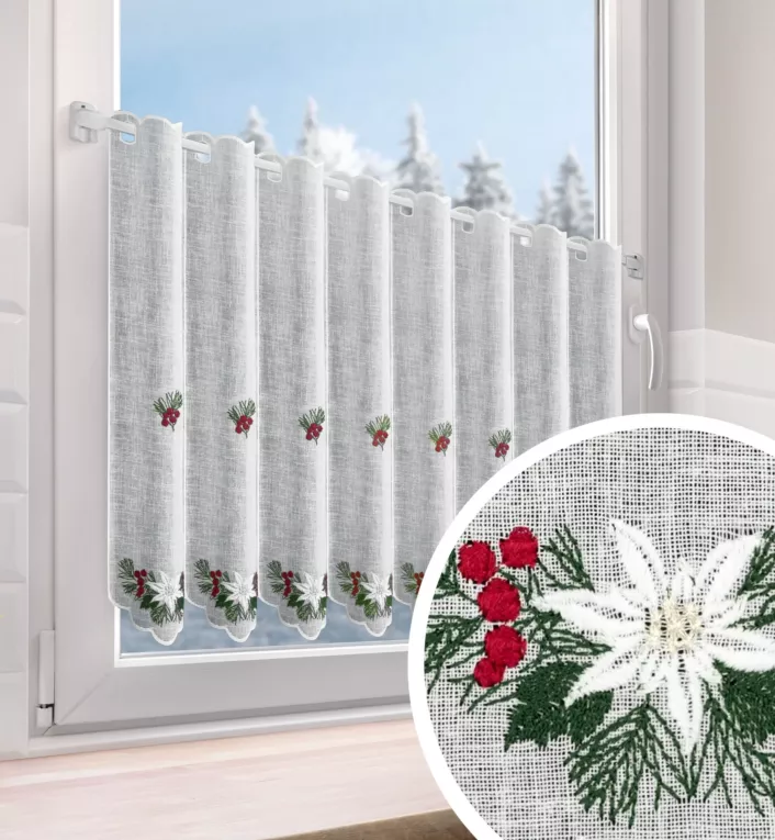 Tkanina firanowa zazdrostka z haftem świątecznych gwiazd betlejemskich