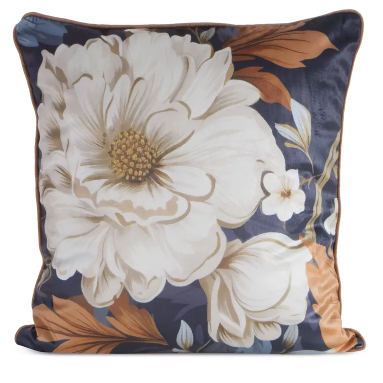 Poszewka na poduszkę 45x45 cm welwetowa  granatowo, kremowa z motywem kwiatów FLORA 1