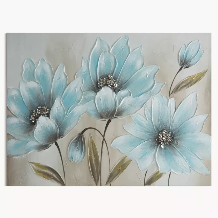 Obraz BLOOM 2 ręcznie malowany na płótnie niebieskie kwiaty wykończone lśniącym brokatem