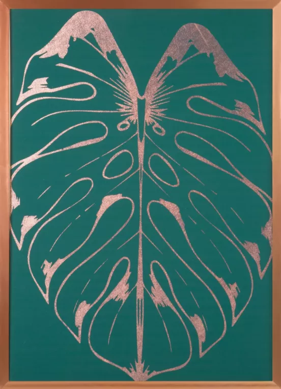 LIMITED COLLECTION Obraz SALVIA 6 z różowego złota błyszczącym nadrukiem liścia monstery w miedzianej ramie