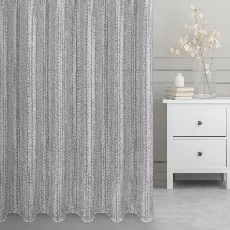 Firana szyta na taśmie 5 cm popielata siatka w stylu eko z efektem melanżu wykończona obciążnikiem