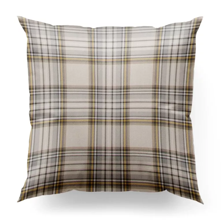 Poszewka szyta beżowo musztardowa z tkaniny z dodatkiem bawełny i nici metalicznej, o wzorze w kratę, zawiera 20% bawełny