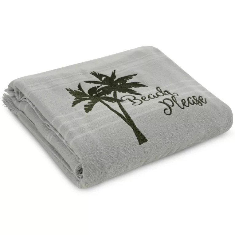 Ręcznik plażowy 90x170 bawełniany kolor stalowy z nadrukiem kontrastujących paseczków i frędzli 350 g/m2 ELBA