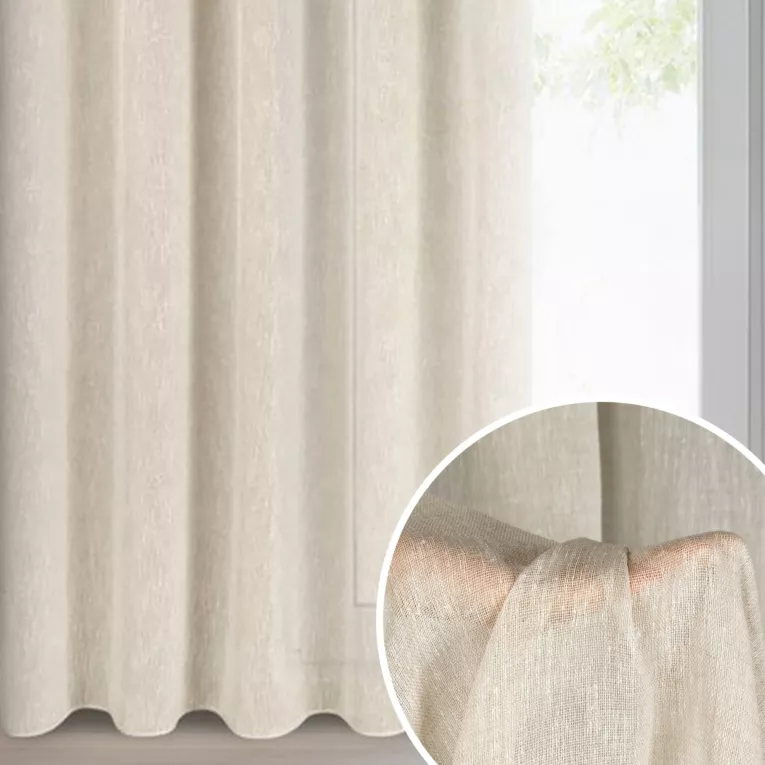 Zasłona w stylu eko beżowa z efektem deszczyku 140x270 cm taśma - ANGELICA
