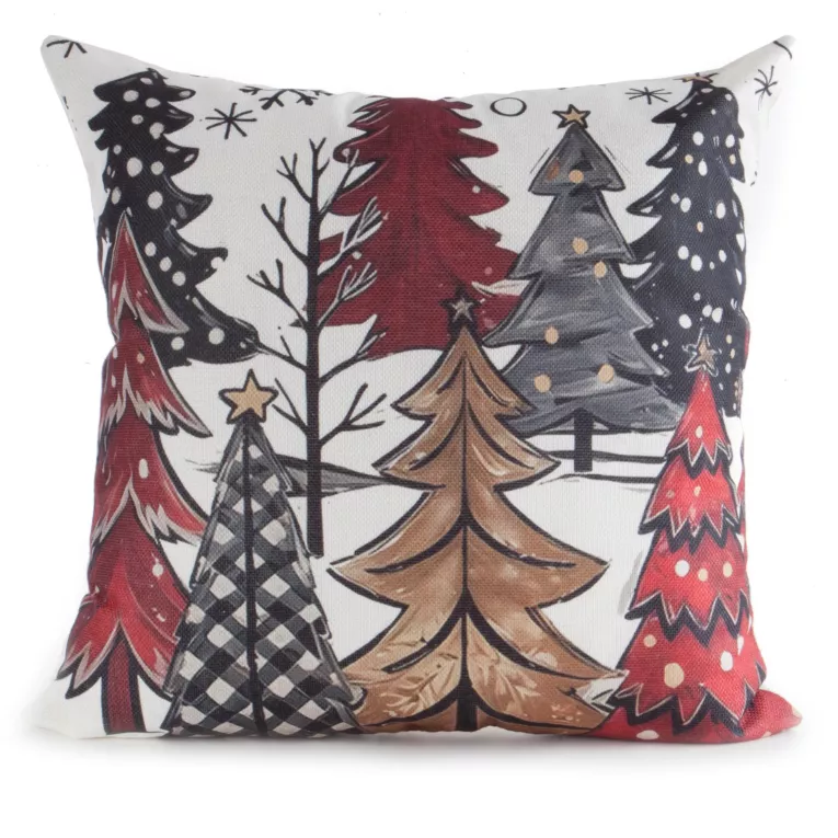 Poszewka na poduszkę świąteczna 45x45 cm o naturalnym splocie zdobiona choinami