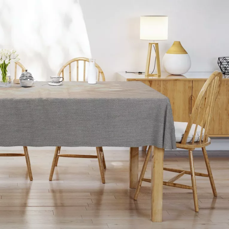 Obrus szyty grafitowy z strukturalnej tkaniny o naturalnym splocie