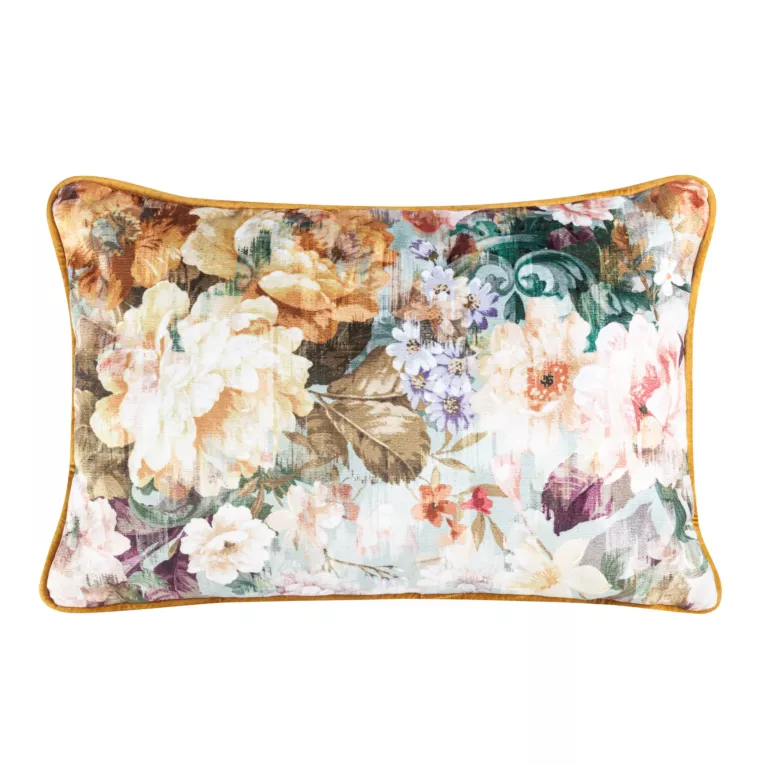 Poduszka 45 x 30 cm welwetowa musztardowo, miętowa z nadrukiem kwiatów i kontrastującą wypustką na brzegach, dwustronna LEILAF