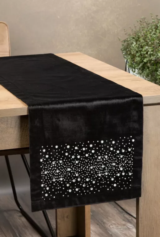 Bieżnik ROYAL 2 z gładkiego welwetu z cyrkoniami czarny