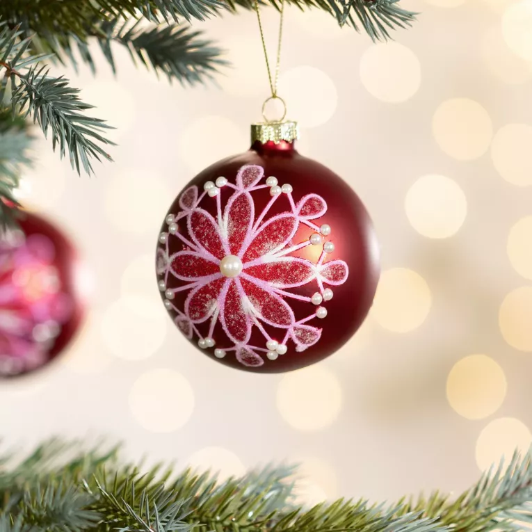 Bombka szklana czerwona ręcznie zdobiona  brokatem i perełkami