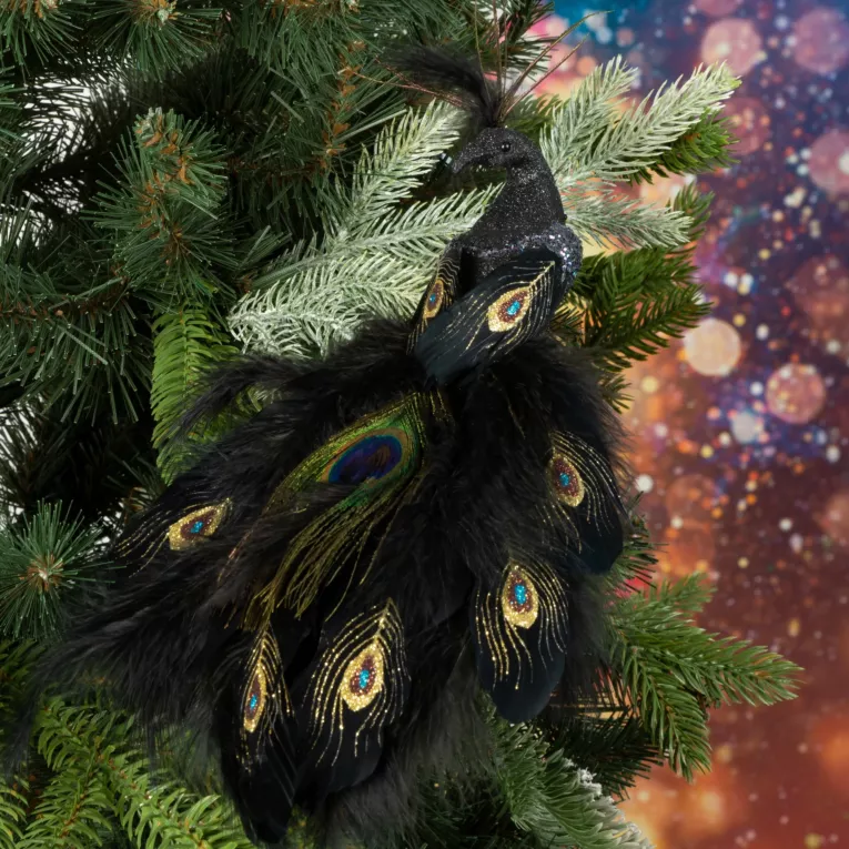 Ozdoba choinkowa PAW z dodatkiem pięknych piór z dodatkiem lśniącego brokatu