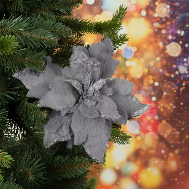 Świąteczny kwiat dekoracyjny z futerka dekorowany brokatem