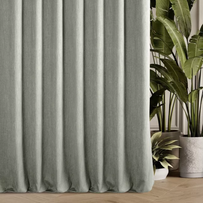 Zasłona szyta na taśmie 5 cm jasnozielona z tkaniny o naturalnym splocie z efektem melanżu