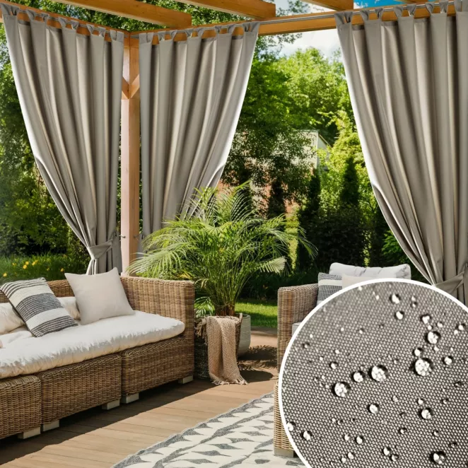 Zasłona beżowa z wodoodpornej tkaniny idealna do ogrodu i na taras 155x240 cm szelki/rzep - GARDEN