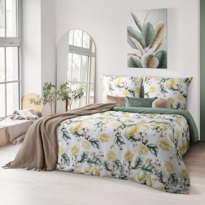 Pościel 140x200 cm komplet 2 częściowy satyna bawełniana kolor biały, ciemnozielony z motywem cytryn  SPRING 91