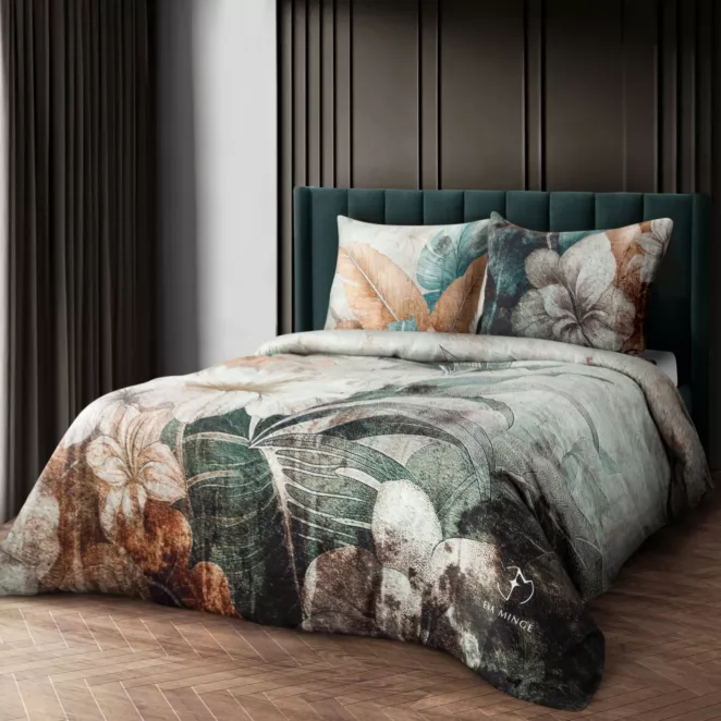 Pościel 160x200 cm z makosatyny bawełnianej kolor jasnoszary, zielony z wzorem designerskim SERENA Eva Minge