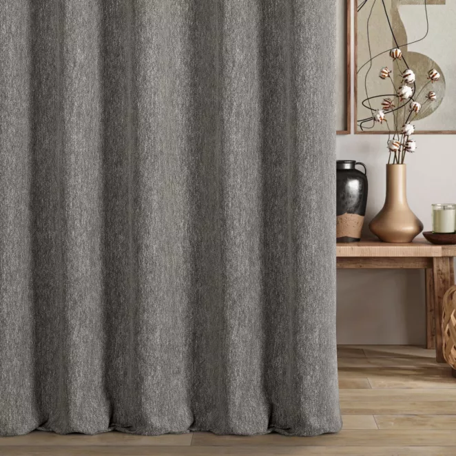 Zasłona szyta na przelotkach popielata z tkaniny o grubym splocie, z efektem melanżu