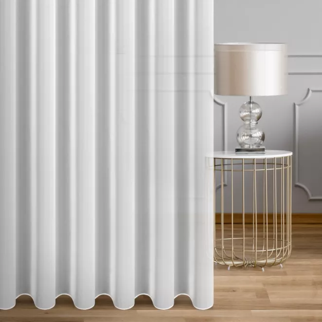Firana szyta na taśmie 5 cm biała półprzezroczysta, z matowego woalu, o niestandardowej wysokości 360cm, wykończona obciążnikiem