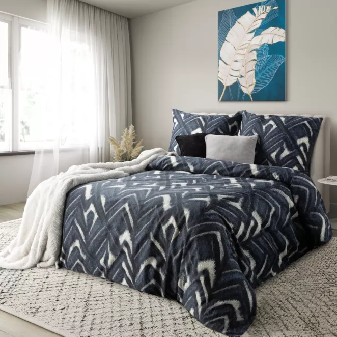 Pościel 160x200 cm z satyny bawełnianej kolor ciemnogranatowy, szarobeżowy z motywem geometrycznym SPRING 61