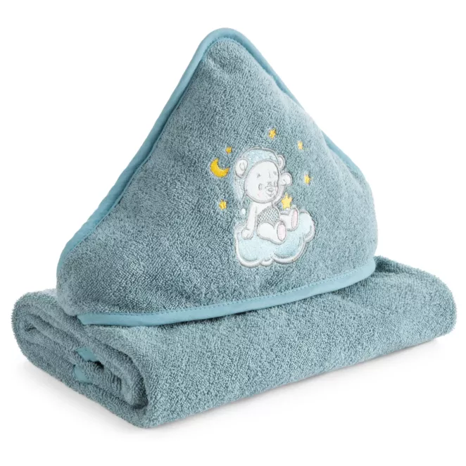 Ręcznik kąpielowy 100x100 cm bawełniany kolor niebieski z kapturem i aplikacją misia 450 g/m2 BABY 75