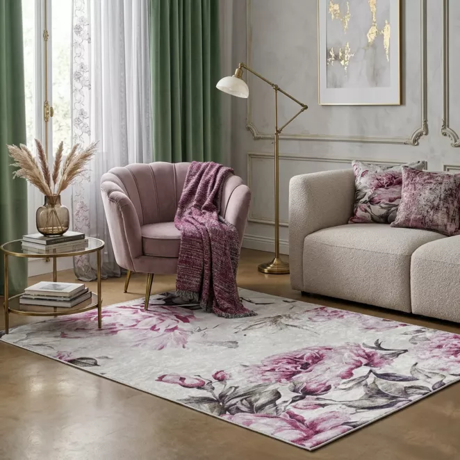 Dywan 120x160 cm różowo, kremowy z motywem kwiatu peonii LOTUS 2