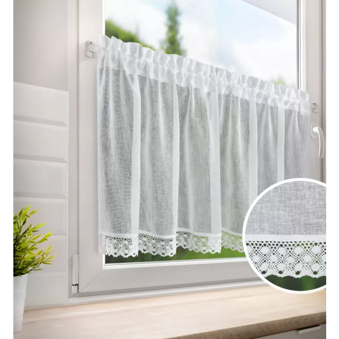 Zazdrostka biała z etaminy zdobione szeroką koronką, styl rustykalny 150x60 cm tunel LISA