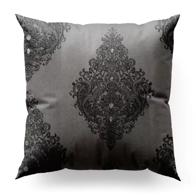 Poszewka szyta popielata z tkaniny w klasyczny wzór ornamentowy z drobnym błyszczącym akcentem