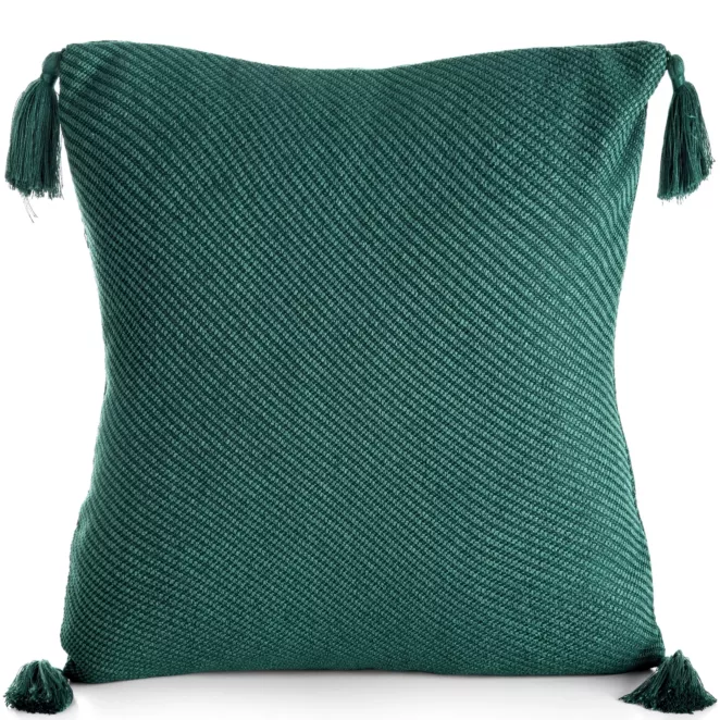 Poszewka na poduszkę 45x45 cm gładka ciemnozielona z ozdobnymi chwostami na rogach POLY