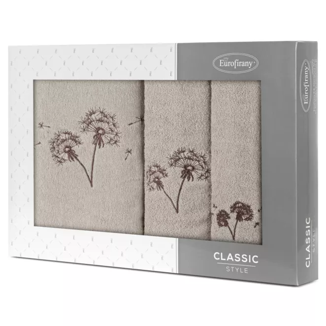 Zestaw ręczników bawełnianych na prezent 3 szt kolor beżowy, brązowy z haftem kwiatów 400 g/m2 MOLI