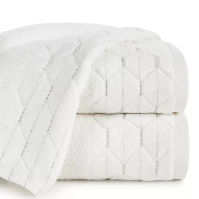 Ręcznik kąpielowy 70x140 cm bawełniany kolor kremowy z welwetową geometryczną bordiurą 500 g/m2 LUMIA