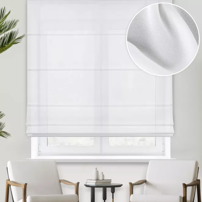 Roleta rzymska AURELL biała z jedwabiście miękkiej matowej krepy, wykończona obciążnikiem